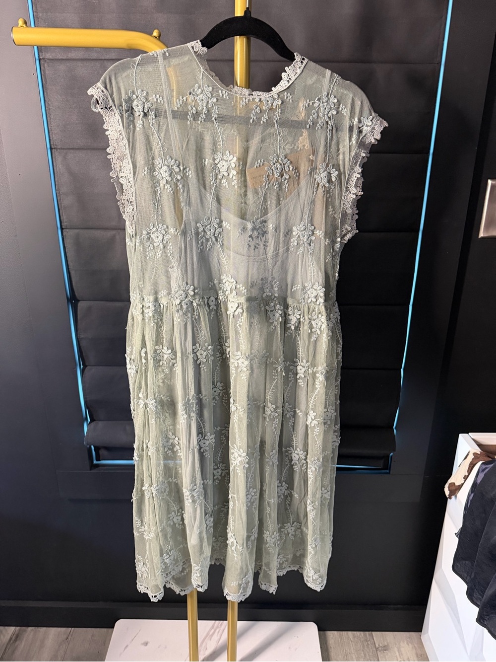 POL Sheer Floral Lace Midi Dress in Sage Green